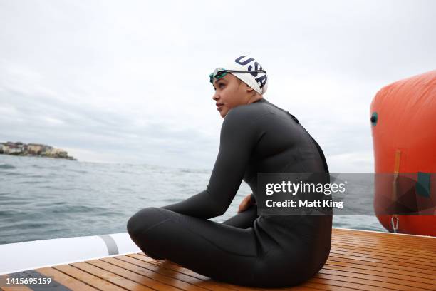 Bella Sims of the United States prepares to compete in the 4 x 800m Open Water Relay during the 2022 Duel in the Pool at Bondi Beach on August 19,...