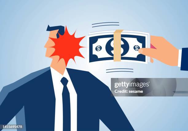 hand holding money to hit businessman in face, smacking mouth, money bribe, bribe, money temptation leads to surrender or admit defeat - money penalty stock illustrations