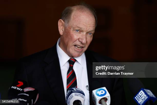 Essendon Bombers President, David Barham speaks to the media during a press conference at The Hangar on August 19, 2022 in Melbourne, Australia.