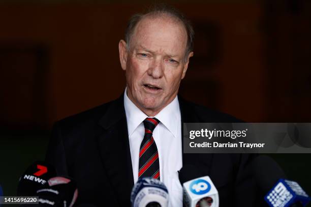 Essendon Bombers President, David Barham speaks to the media during a press conference at The Hangar on August 19, 2022 in Melbourne, Australia.