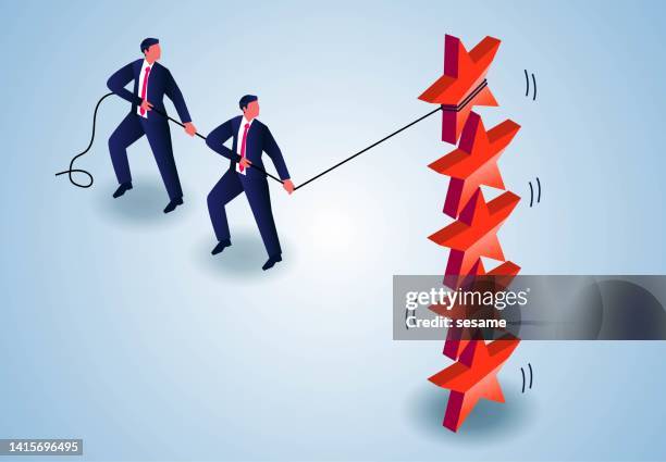 isometric businessmen pulling together and trying to destroy stacked five stars, destroyed trust, crisis of confidence, revolt and distrust - broken trust stock illustrations