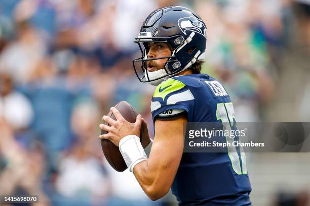 Jacob Eason of the Seattle Seahawks throws a pass in the third quarter during the preseason game against. The Chicago Bears at Lumen Field on August...