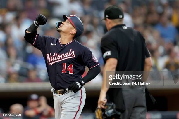 Ildemaro Vargas of the Washington Nationals celebrates after hitting a solo homerun during the third inning of a game against the San Diego Padres at...