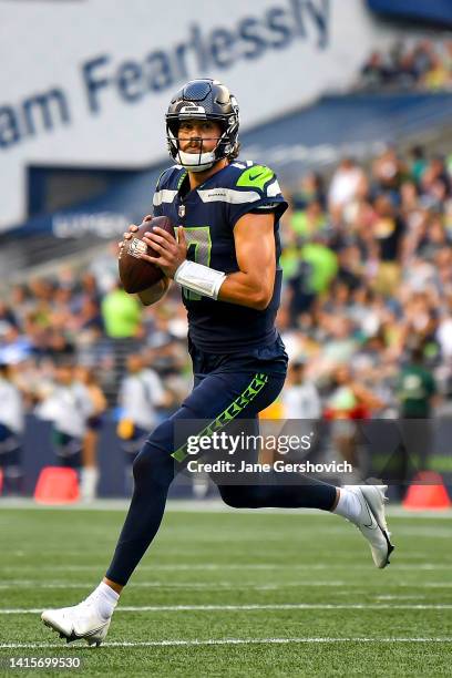 Jacob Eason of the Seattle Seahawks throws a pass in the third quarter during the preseason game against the Chicago Bears at Lumen Field on August...