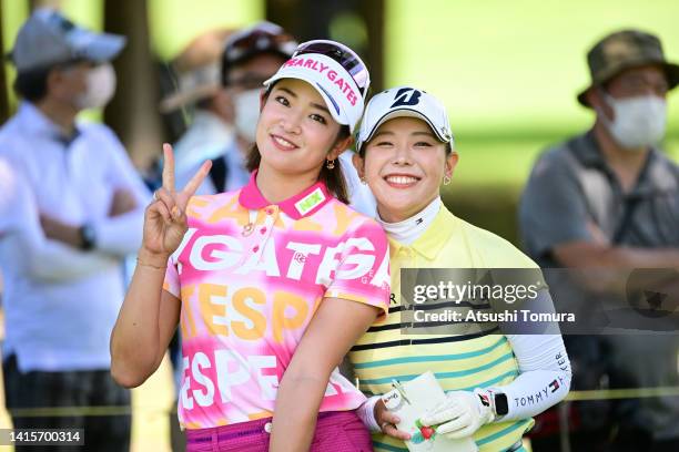 Erika Hara and Yuri Yoshida of Japan pose on the 5th tee during the first round of CAT Ladies at Daihakone Country Club on August 19, 2022 in Hakone,...