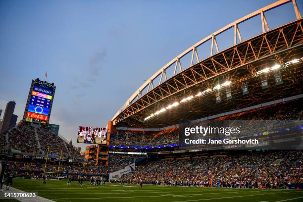 Wide photo of Lumen Field in the third quarter during the preseason game between the Seattle Seahawks and Chicago Bears on August 18, 2022 in...