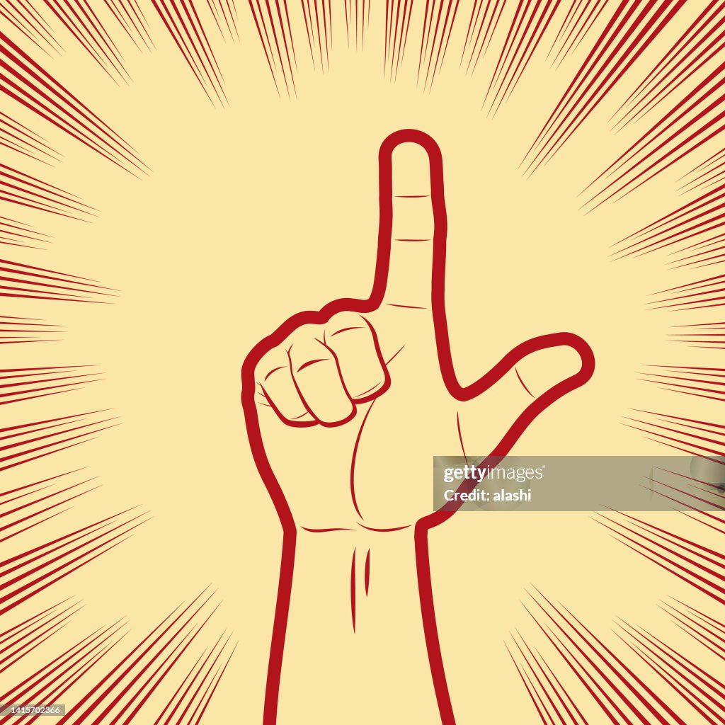 The hand sign of counting Two or Seven, L Hand Sign for Love or Loser in comics effects lines background