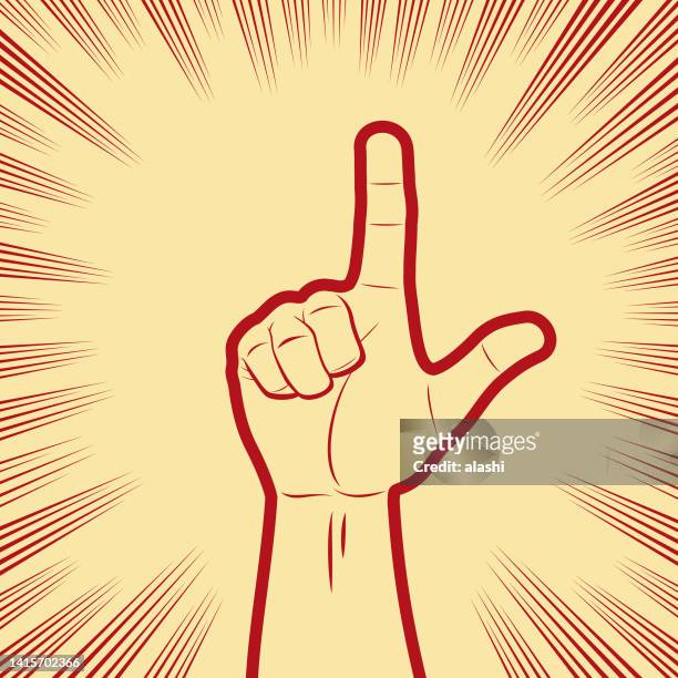 the hand sign of counting two or seven, l hand sign for love or loser in comics effects lines background - gun sign stock illustrations