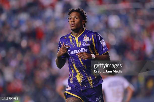 Abel Hernandez of San Luis celebrates after scoring his team's second goal during the 9th round match between Atletico San Luis and Pumas UNAM as...