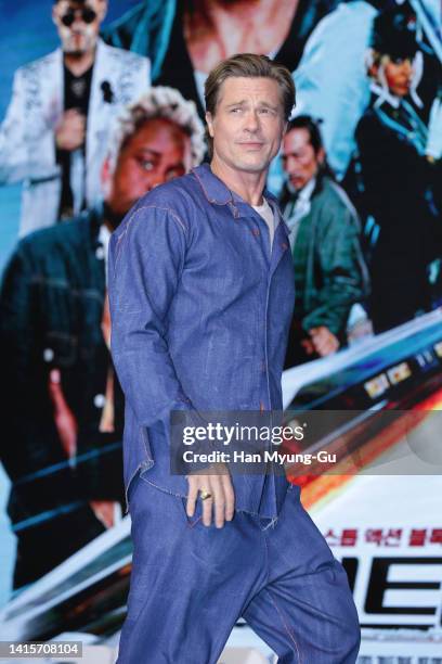 Actor Brad Pitt attends the "Bullet Train" press conference at Conrad Hotel on August 19, 2022 in Seoul, South Korea. The film will open on August...