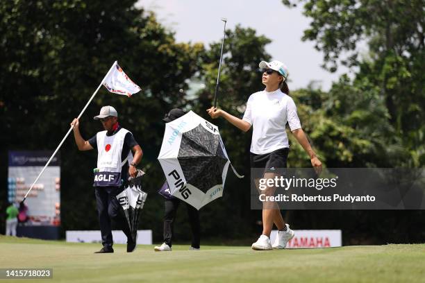 Hinako Shibuno of Japan reacts on the 7th green during day two of the Simone Asia Pacific Cup at Pondok Indah Golf Course on August 19, 2022 in...