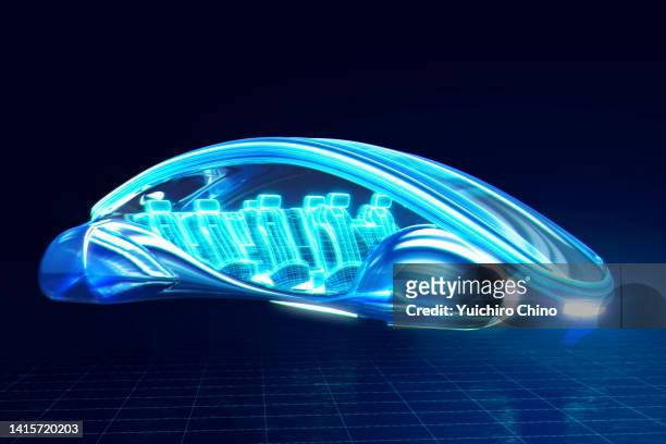 futuristic glowing flying car - batteriespeicher stock-fotos und bilder