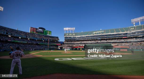 View of RingCentral Coliseum during the game between the Oakland Athletics and the San Francisco Giants on August 6, 2022 in Oakland, California. The...