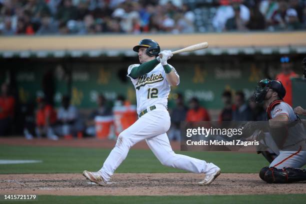 Sean Murphy of the Oakland Athletics bats during the game against the San Francisco Giants at RingCentral Coliseum on August 6, 2022 in Oakland,...