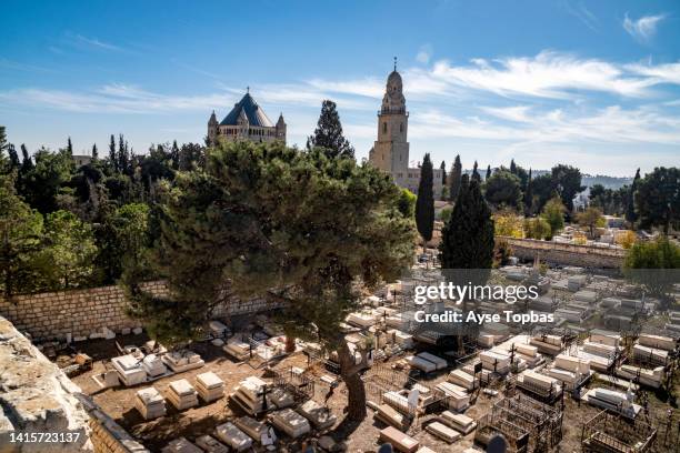 dormition abbey on mount zion, city walls of old city jerusalem,  israel - benedictine stock pictures, royalty-free photos & images