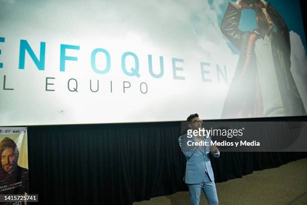 Christian Gonzalez Lacroix speaks during the presentation of the book 'Los Imperdibles del Liderazgo' at Cinepolis Plaza Carso on August 18, 2022 in...
