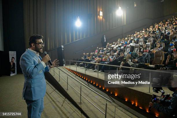 Christian Gonzalez Lacroix speaks during the presentation of the book 'Los Imperdibles del Liderazgo' at Cinepolis Plaza Carso on August 18, 2022 in...
