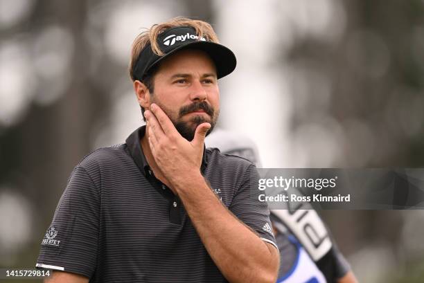 Victor Dubuisson of France looks on during Day Two of the D+D Real Czech Masters at Albatross Golf Resort on August 19, 2022 in Prague, Czech...