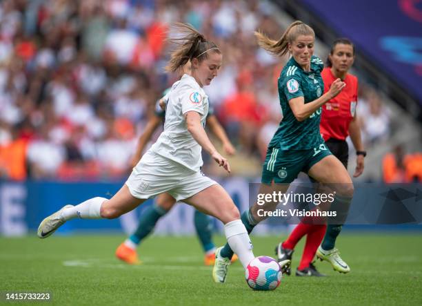 Keira Walsh of England and Tabea Wassmuth of Germany in action during the UEFA Women's Euro England 2022 final match between England and Germany at...