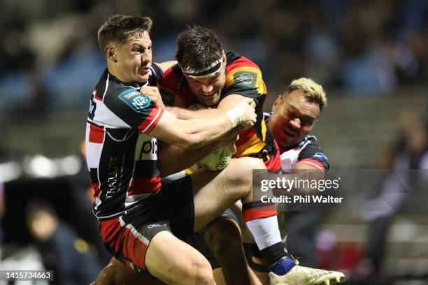 Mitchell Jacobson of Waikato is tackled during the round three Bunnings NPC match between Counties Manukau and Waikato at Navigation Homes Stadium,...