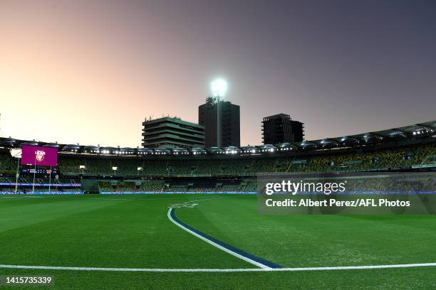 General view is seen before the round 23 AFL match between the Brisbane Lions and the Melbourne Demons at The Gabba on August 19, 2022 in Brisbane,...