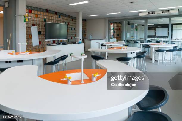 empty science classroom. - classroom wide angle stock pictures, royalty-free photos & images