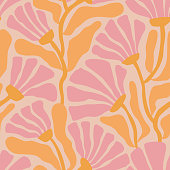Groovy floral seamless pattern. Retro trippy cute pink flowers on a beige background.