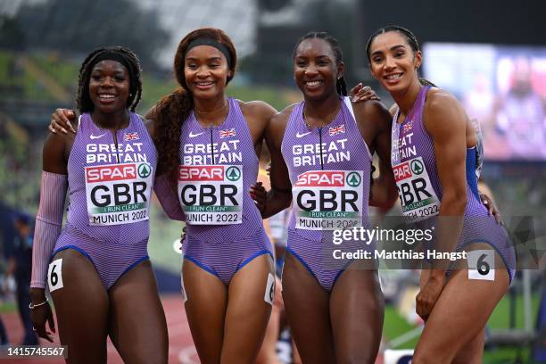 Asha Philip, Imani Lansiquot, Bianca Williams and Ashleigh Nelson of Great Britain celebrate following the Women's 4x100m Relay Round 1 - Heat 1...