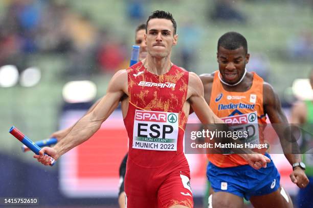 Manuel Guijarro of Spain crosses the finish line to win the Men's 4x400m Relay Round 1 - Heat 1 during the Athletics competition on day 9 of the...