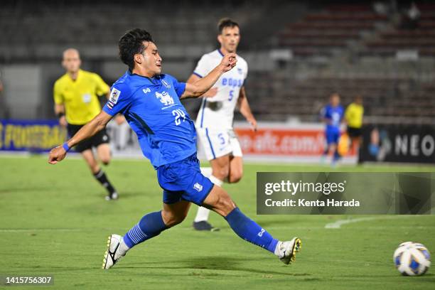 Chatmongkol Thongkiri of BG Pathum United scores his side's fourth goal during the AFC Champions League Round of 16 match between BG Pathum United...