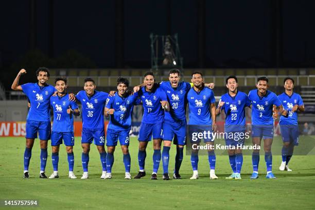 Chatmongkol Thongkiri of BG Pathum United celebrates scoring his side's fourth goal with his teammates during the AFC Champions League Round of 16...