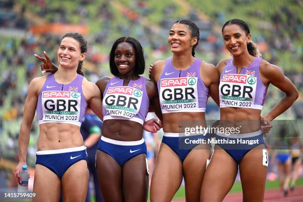 Pipi Ama, Laviai Nielsen, Zoey Clark and Nicole Yeargin of Great Britain celebrate following the Women's 4 x 400m Relay Round 1 - Heat 1 during the...