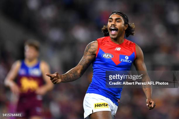 Kysaiah Pickett of the Demons celebrates kicking a goal during the round 23 AFL match between the Brisbane Lions and the Melbourne Demons at The...