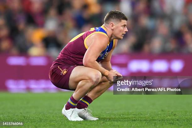 Dayne Zorko of the Lions looks dejected after a goal by Kysaiah Pickett of the Demons during the round 23 AFL match between the Brisbane Lions and...