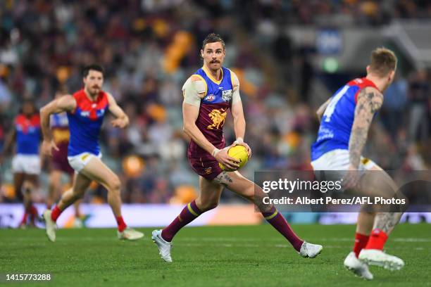 Joe Daniher of the Lions in action during the round 23 AFL match between the Brisbane Lions and the Melbourne Demons at The Gabba on August 19, 2022...