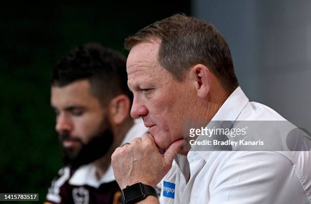 Broncos coach Kevin Walters and Adam Reynolds of the Broncos speak at a press conference after the round 23 NRL match between the Brisbane Broncos...