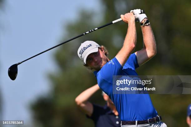 James Meyer de Bec of Belgium plays his tee shot on the 1st hole on Day Two of the Dormy Open at Österåkers Golfklubb on August 19, 2022 in...