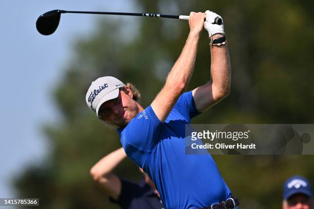 James Meyer de Beco of Belgium plays his tee shot on the 1st hole on Day Two of the Dormy Open at Österåkers Golfklubb on August 19, 2022 in...