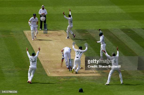 Keshav Maharaj of South Africa celebrates taking the wicket of Ollie Pope of England during day three of the First LV= Insurance Test Match between...