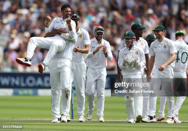 Keshav Maharaj of South Africa celebrates taking the wicket of Ollie Pope of England lbw during day three of the first LV=Insurance test match...