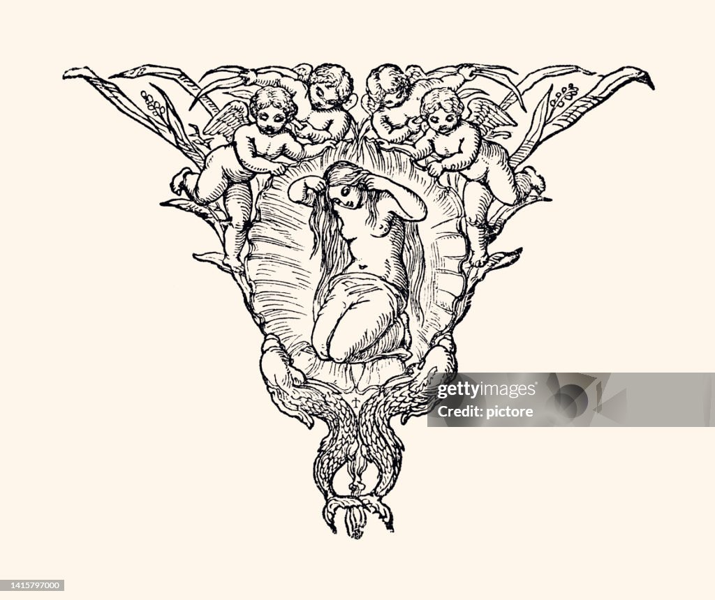 Mitologia e padrão ornamental. A deusa Vênus e os quatro anjos, gravados no século XIX: Elemento de design. (XXXL com muitos detalhes)