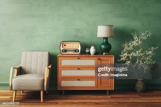 home interior with vintage furniture - 70's stockfoto's en -beelden