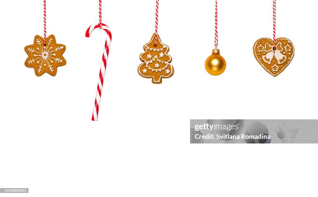 Christmas collection of gingerbread cookies and candy cane.