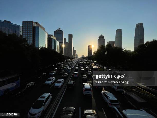 Vehicles are seen in a traffic jam during rush hour on August 19, 2022 in Beijing, China.