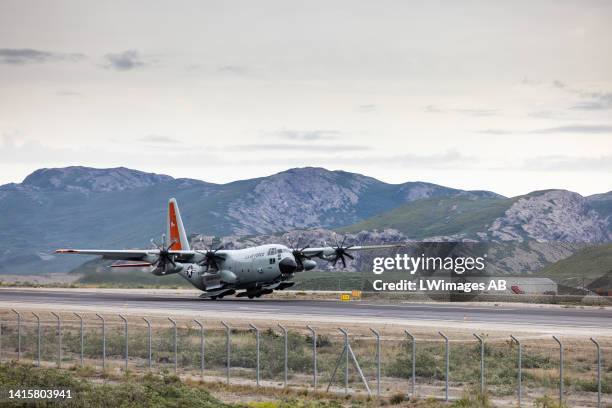 Skier' LC-130 Hercules plane, assigned to the New York Air National Guard's 109th Airlift Wing, takes off from a runway at the Kangerlussuaq...