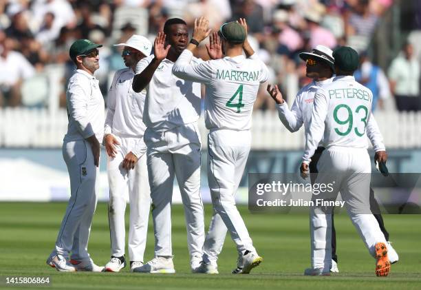 Kagiso Rabada of South Africa is congratulated for taking the wicket of Stuart Broad of England during day three of the first LV=Insurance test match...