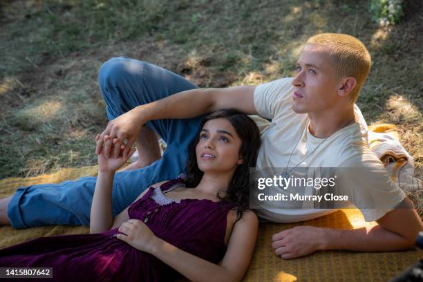 View of American actor Rachel Zegler and English actor Tom Blyth in a scene from the film 'The Hunger Games: the Ballad of Songbirds and Snakes' ,...