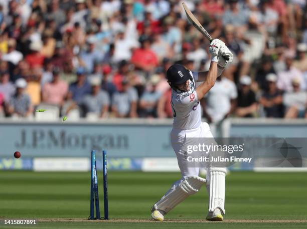 Matthew Potts of England is bowled out during day three of the first LV=Insurance test match between England and Australia at Lord's Cricket Ground...