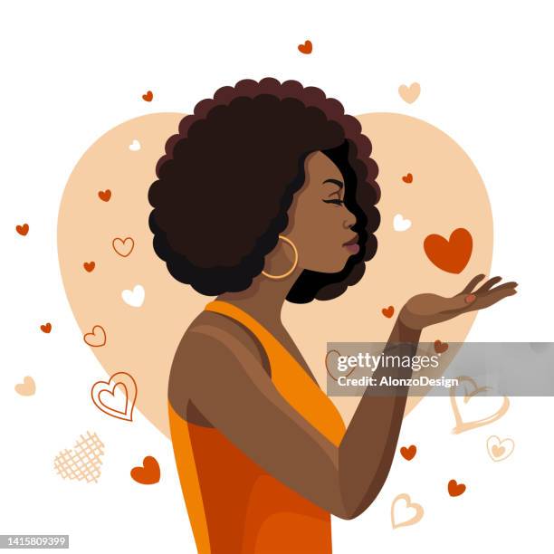 ilustrações de stock, clip art, desenhos animados e ícones de beautiful woman blowing kisses. black woman with afro hairstyle. - blowing a kiss