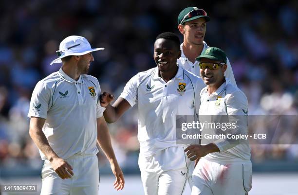 Kagiso Rabada of South afrcia celebrates dismissing England captain Ben Stokes during day three of the First LV= Insurance Test Match between England...